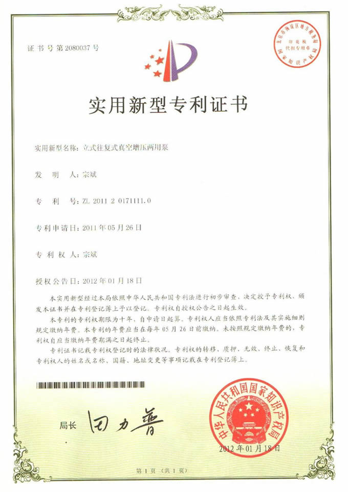 立式往复式真空增压两用泵专利